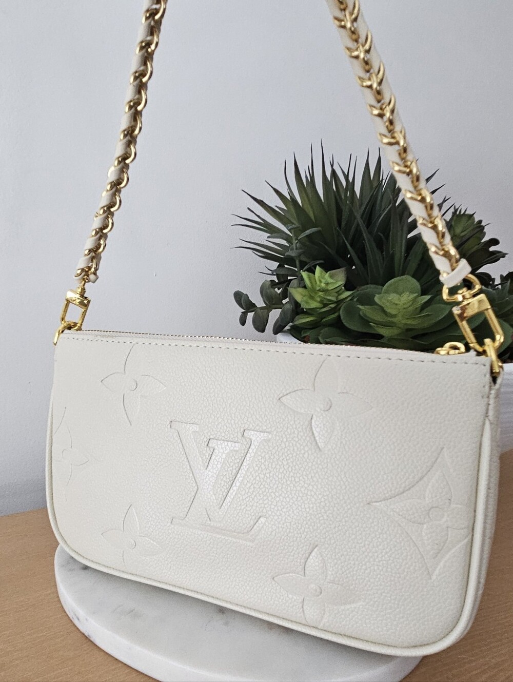 Designer Inspired Cream Monogram Shoulder Bag - Picture 2 of 5